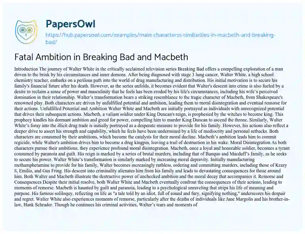 Essay on Fatal Ambition in Breaking Bad and Macbeth