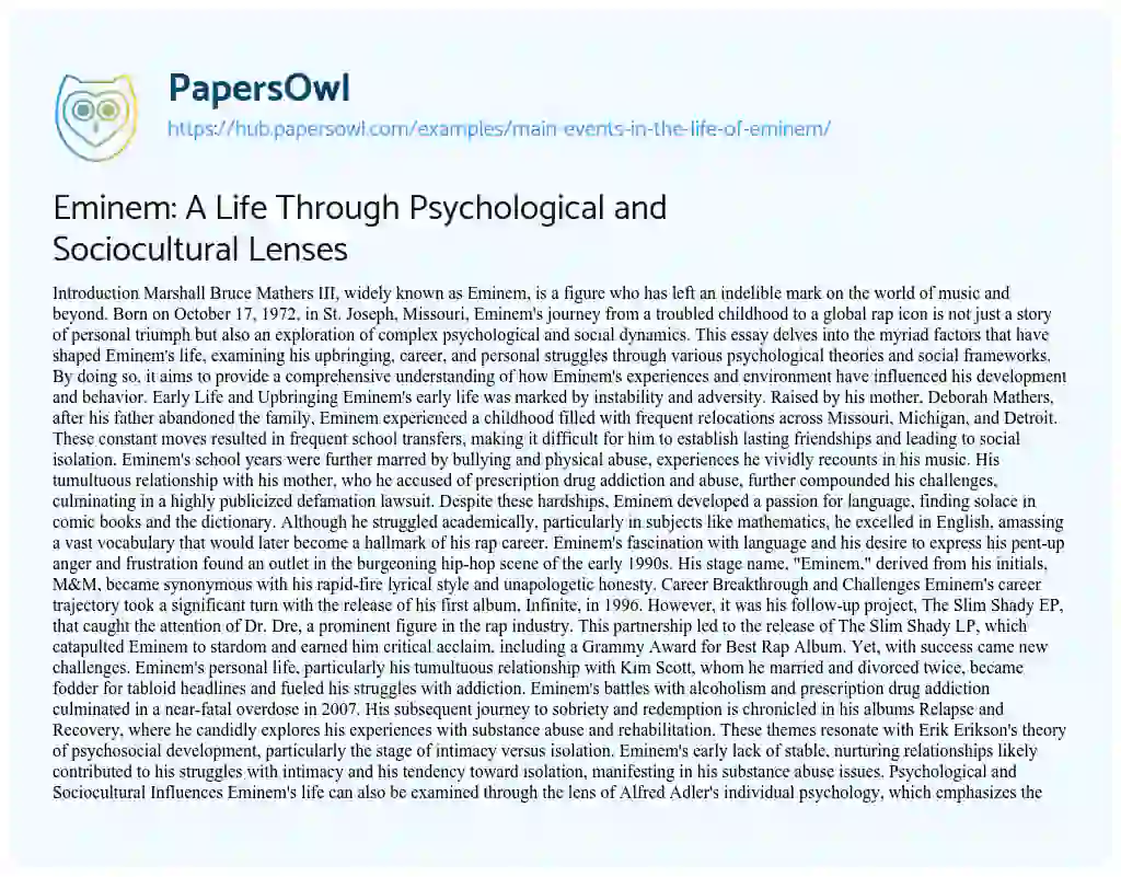 Essay on Eminem: A Life Through Psychological and Sociocultural Lenses