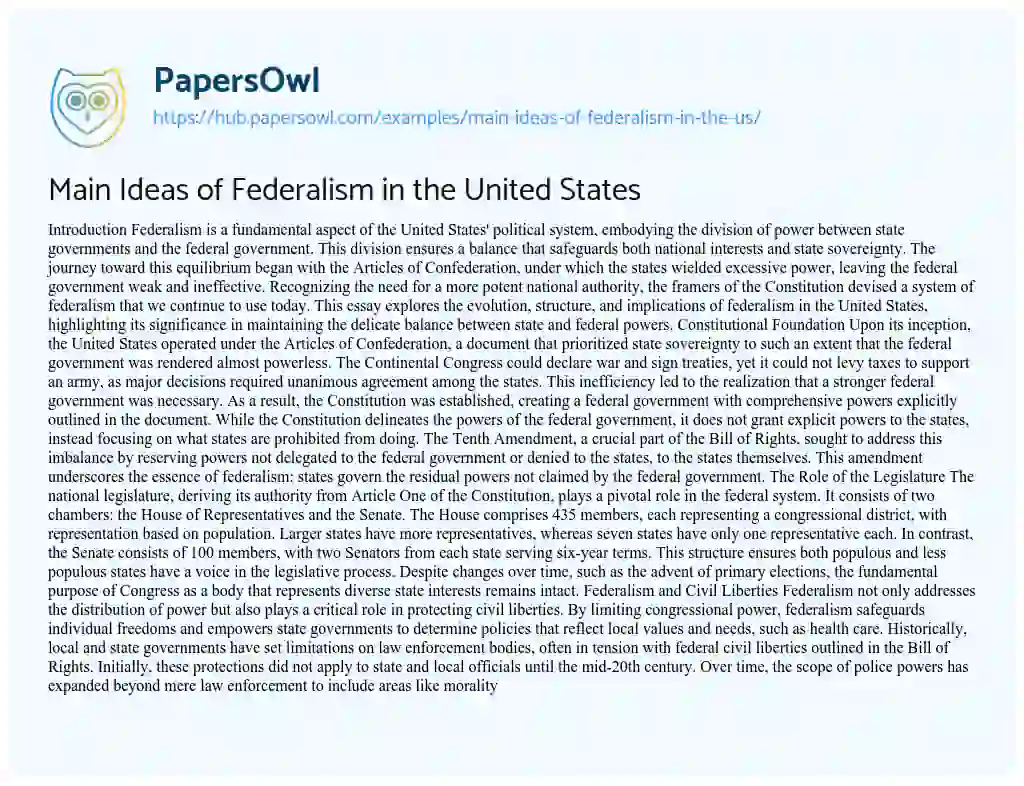 Essay on Main Ideas of Federalism in the United States