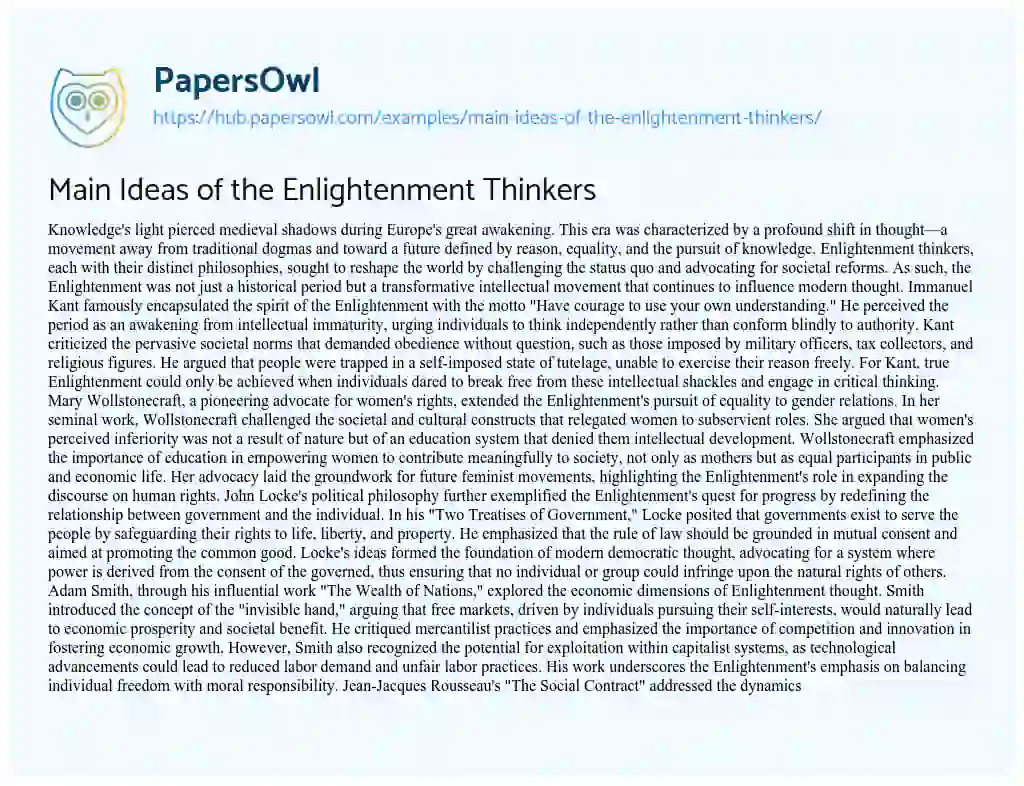Essay on Main Ideas of the Enlightenment Thinkers