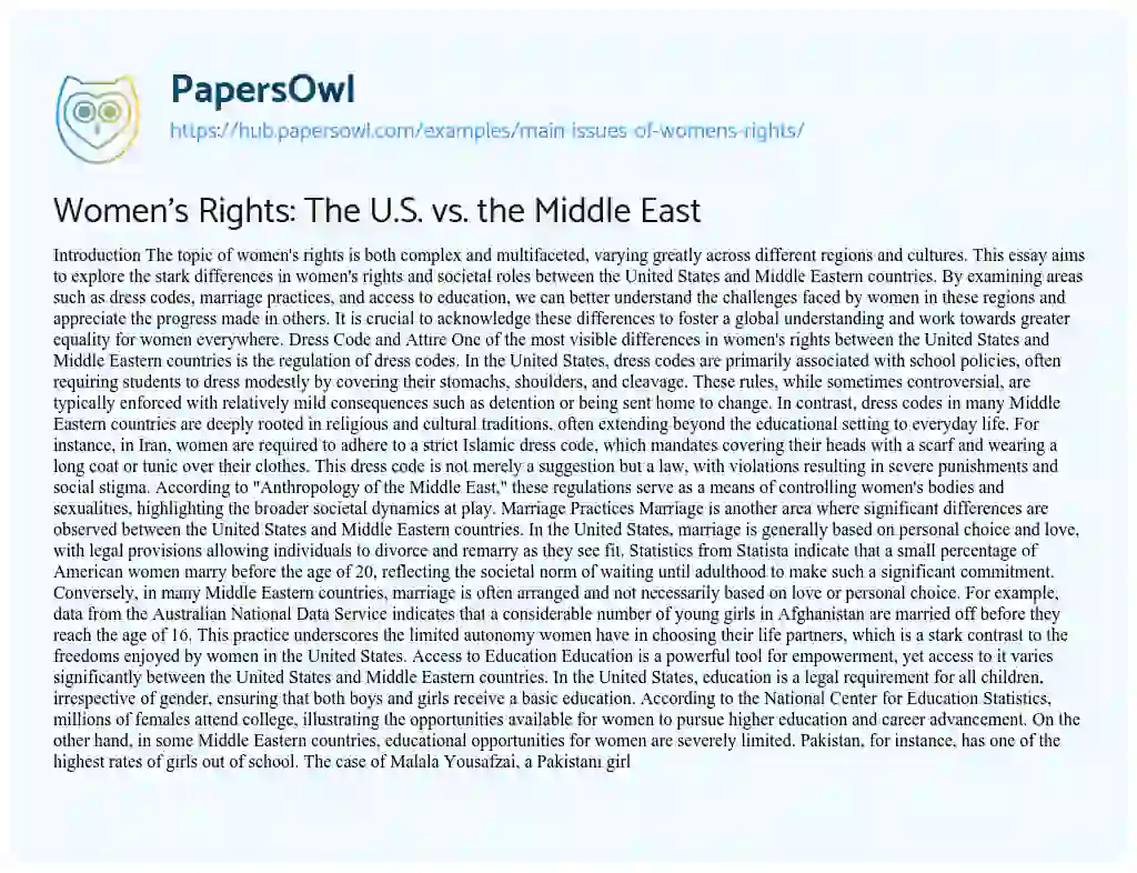 Essay on Women’s Rights: The U.S. vs. the Middle East