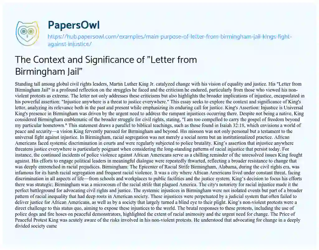 Essay on The Context and Significance of “Letter from Birmingham Jail”