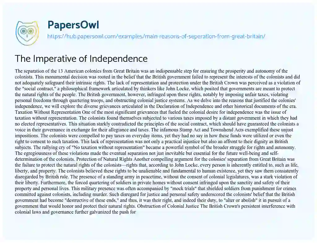 Essay on The Imperative of Independence