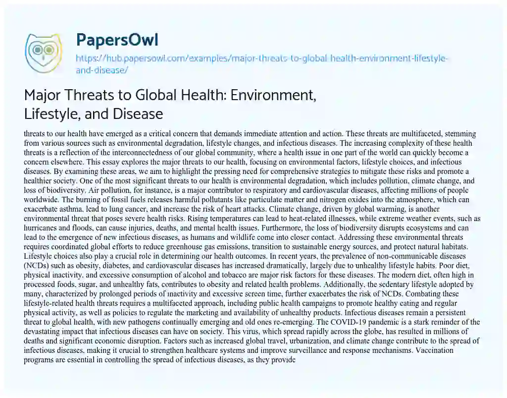 Essay on Major Threats to Global Health: Environment, Lifestyle, and Disease
