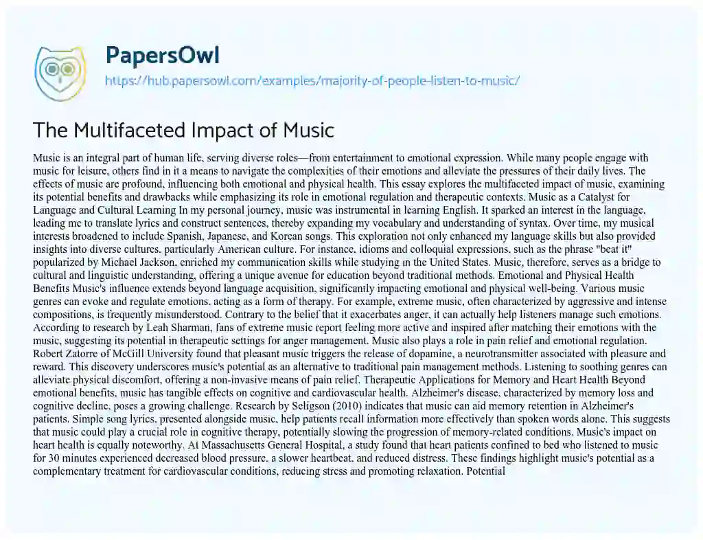 Essay on The Multifaceted Impact of Music