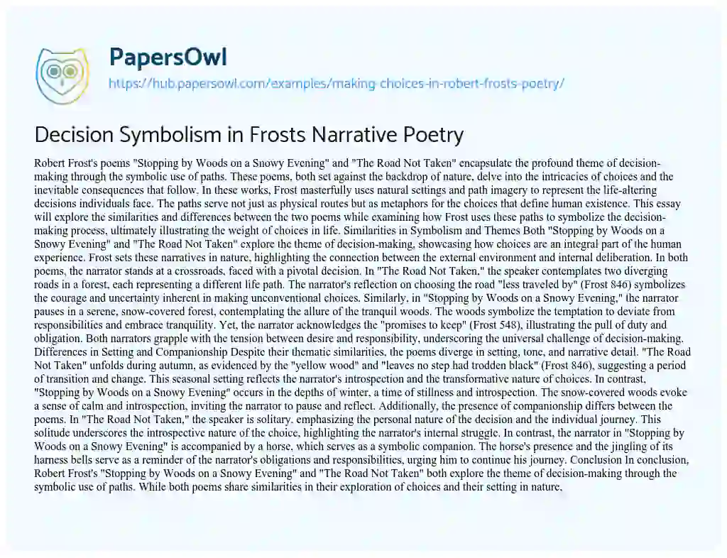Essay on Decision Symbolism in Frosts Narrative Poetry