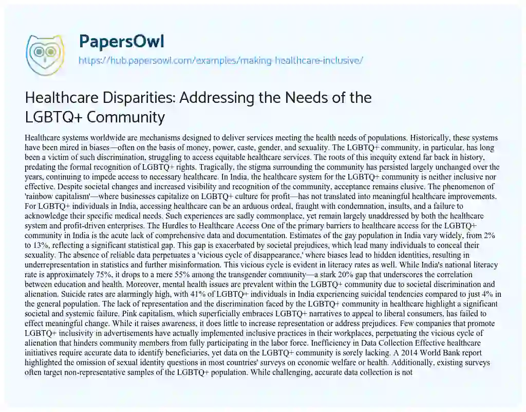 Essay on Healthcare Disparities: Addressing the Needs of the LGBTQ+ Community