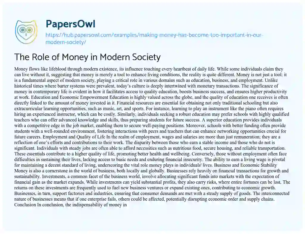 Essay on The Role of Money in Modern Society