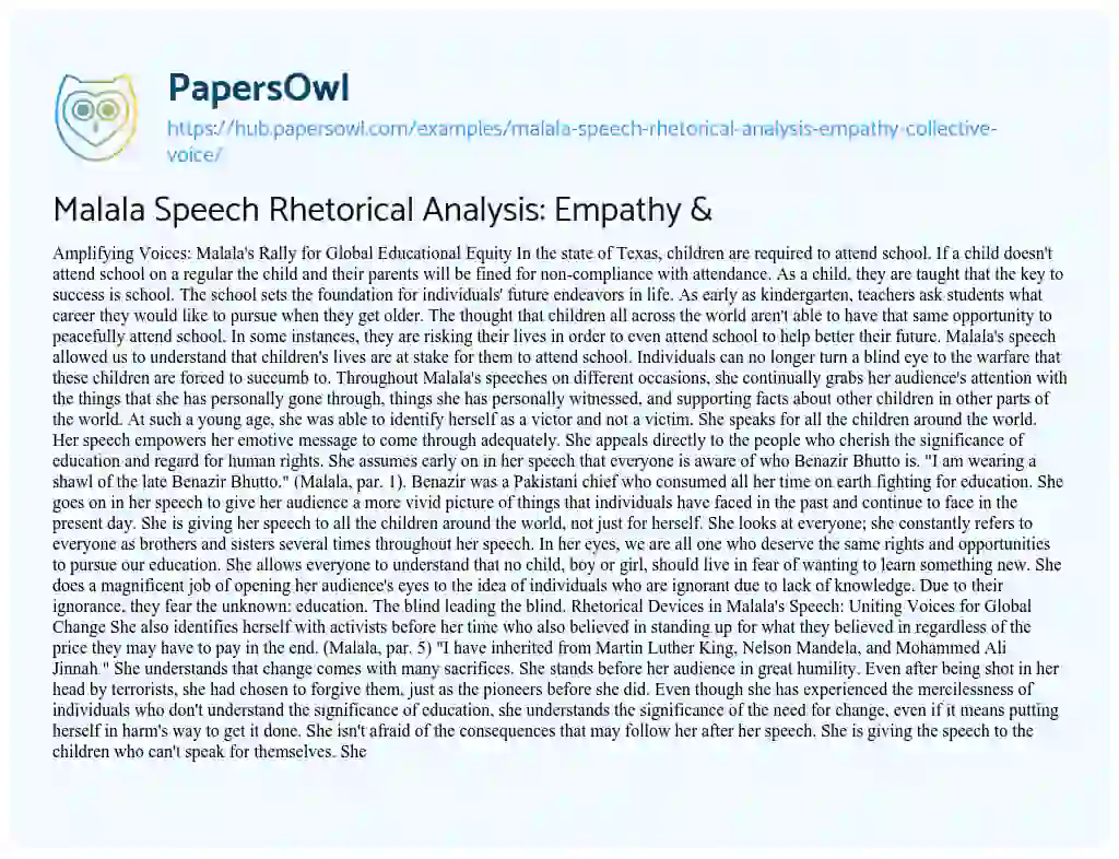 Essay on Malala Speech Rhetorical Analysis: Empathy & Collective Voice