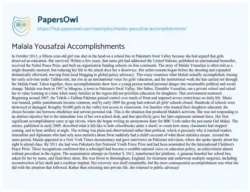 Essay on Malala Yousafzai Accomplishments