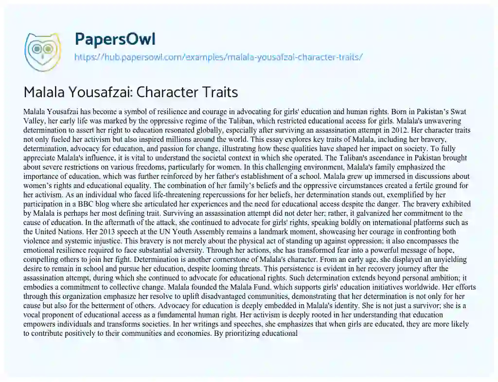 Essay on Malala Yousafzai: Character Traits