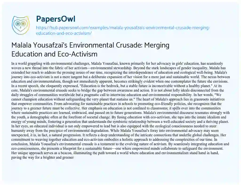 Essay on Malala Yousafzai’s Environmental Crusade: Merging Education and Eco-Activism