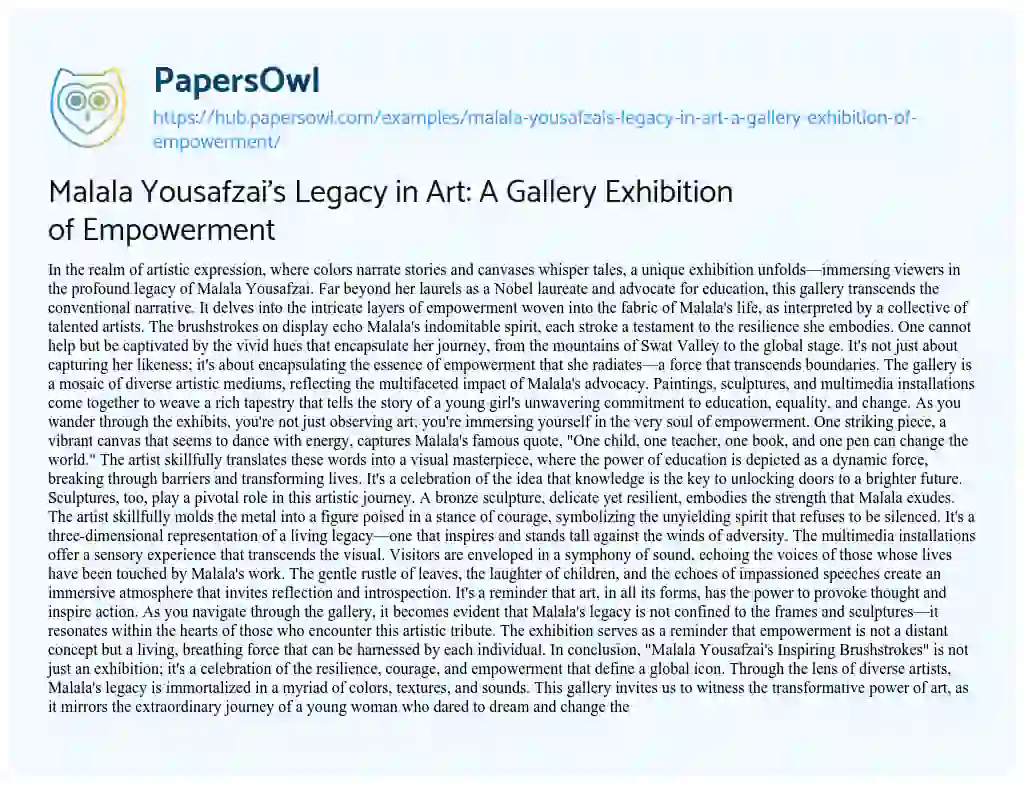 Essay on Malala Yousafzai’s Legacy in Art: A Gallery Exhibition of Empowerment