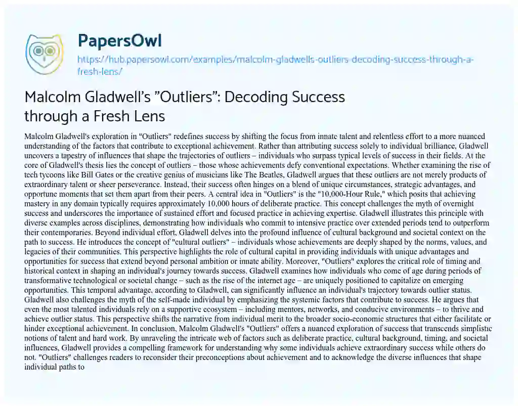 Essay on Malcolm Gladwell’s “Outliers”: Decoding Success through a Fresh Lens