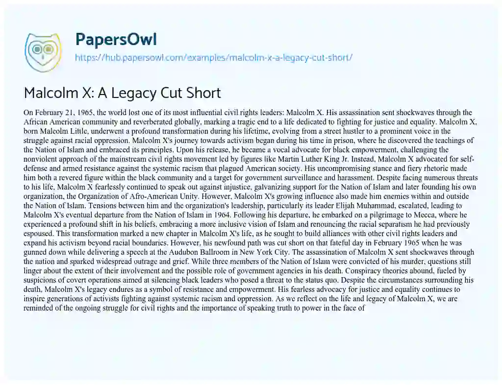 Essay on Malcolm X: A Legacy Cut Short