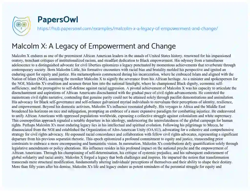 Essay on Malcolm X: A Legacy of Empowerment and Change