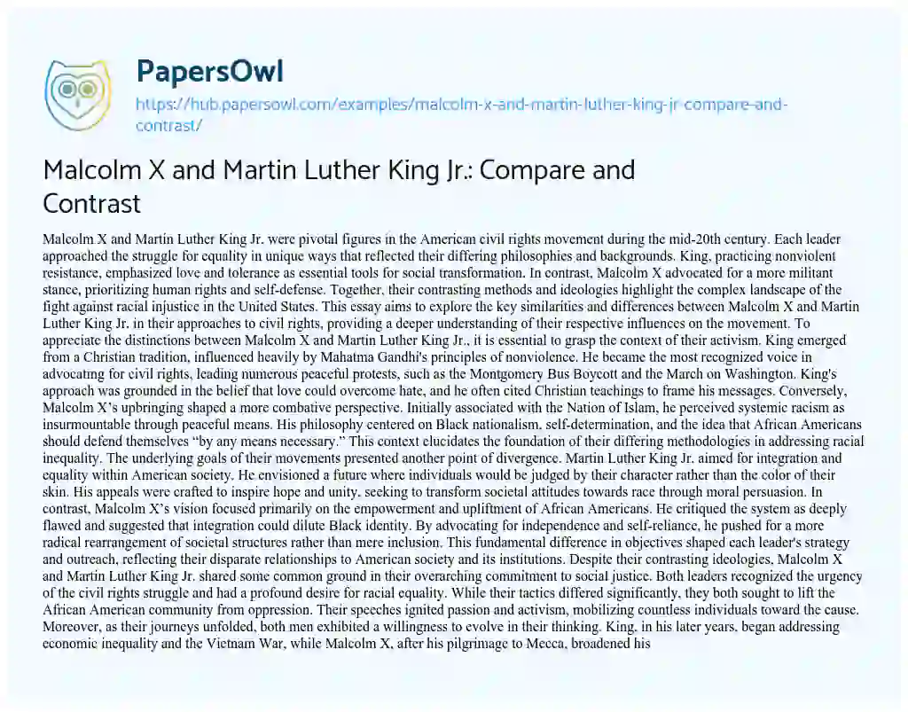 Essay on Malcolm X and Martin Luther King Jr.: Compare and Contrast