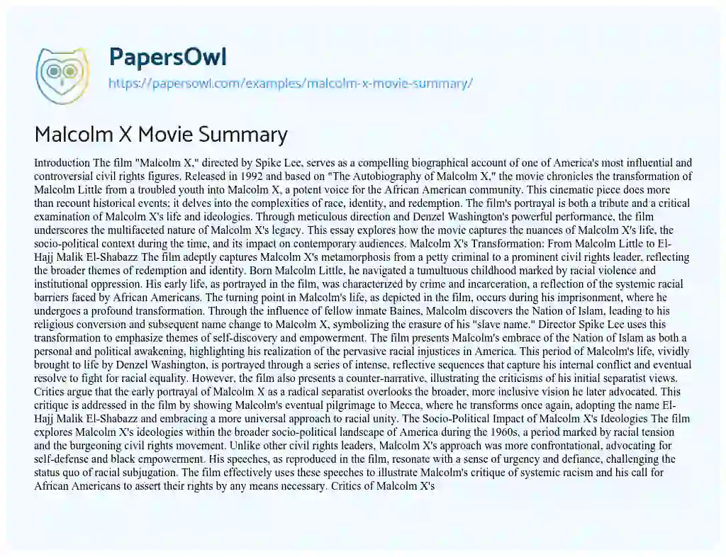Essay on Malcolm X Movie Summary