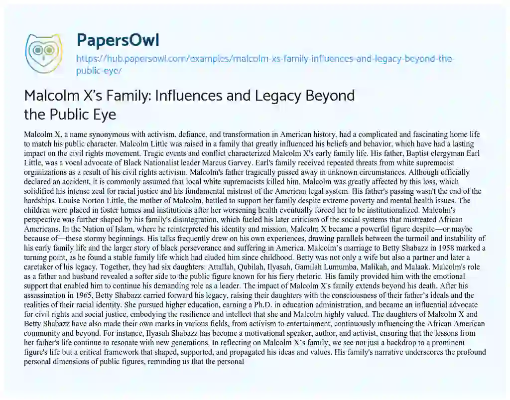 Essay on Malcolm X’s Family: Influences and Legacy Beyond the Public Eye
