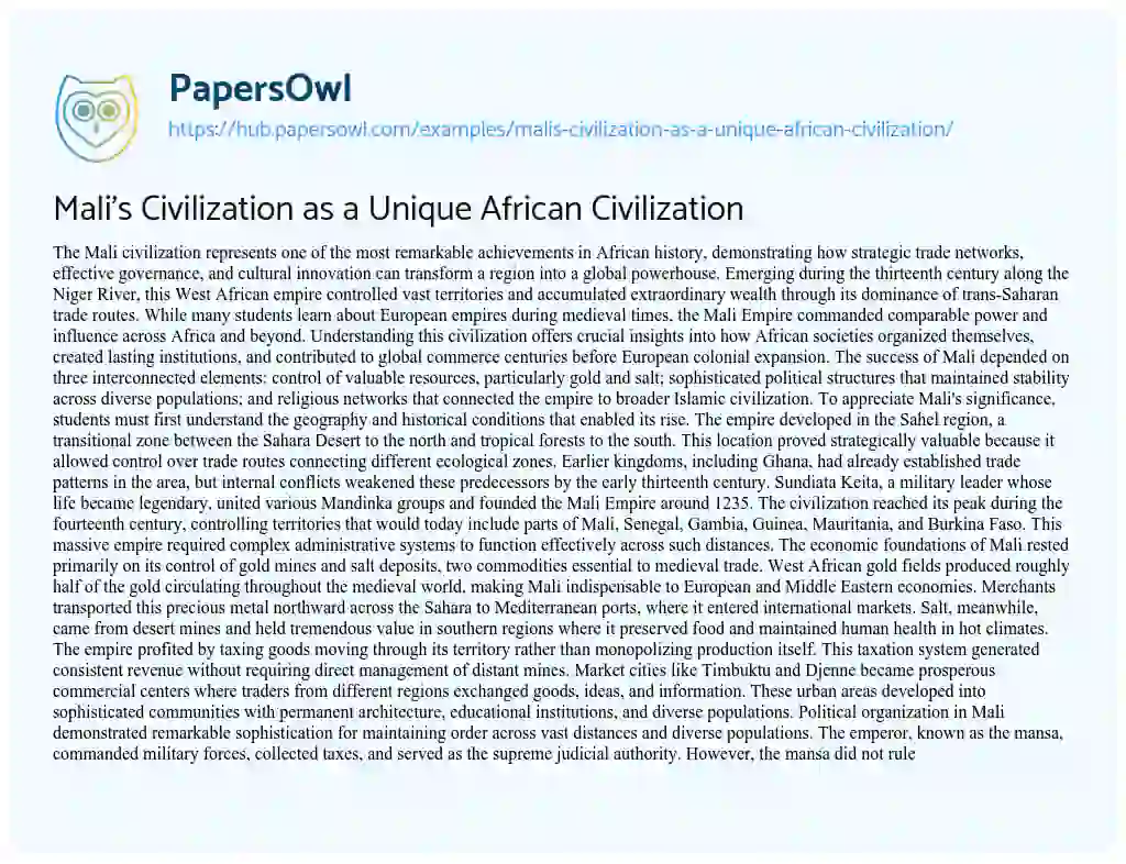 Essay on Mali’s Civilization as a Unique African Civilization