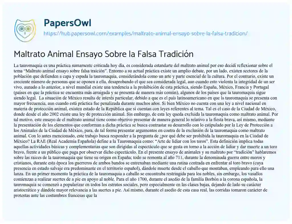 Essay on Maltrato Animal Ensayo Sobre la Falsa Tradición