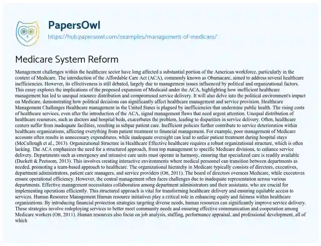 Essay on Medicare System Reform