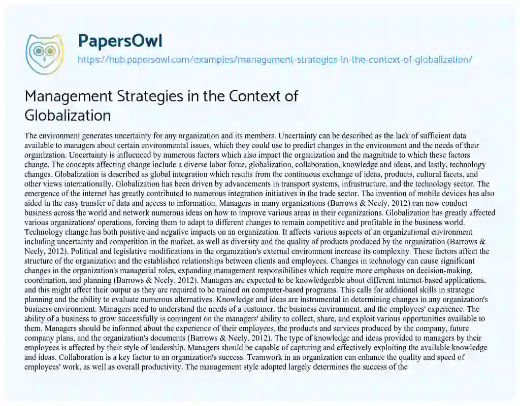 Essay on Management Strategies in the Context of Globalization