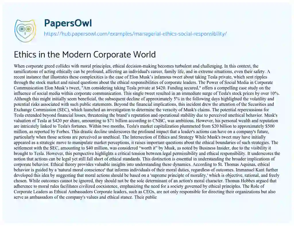 Essay on Ethics in the Modern Corporate World