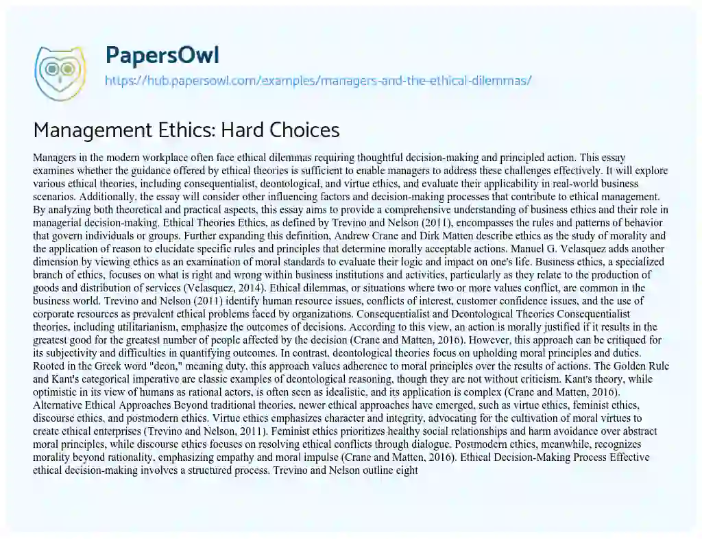Essay on Management Ethics: Hard Choices