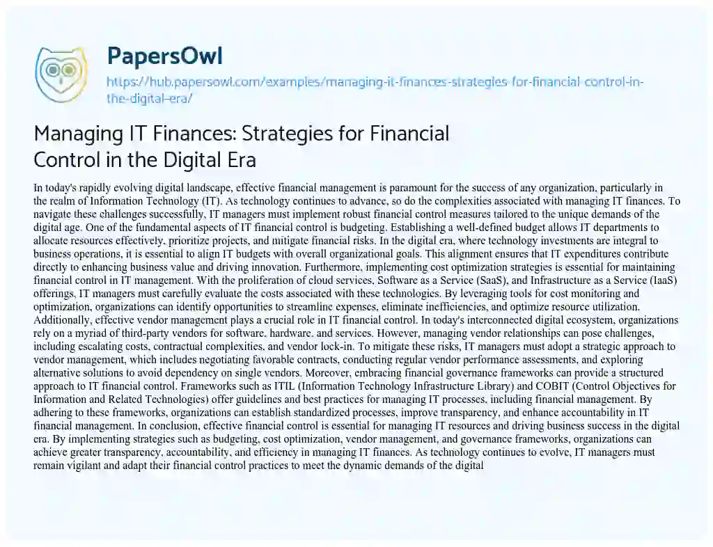 Essay on Managing IT Finances: Strategies for Financial Control in the Digital Era