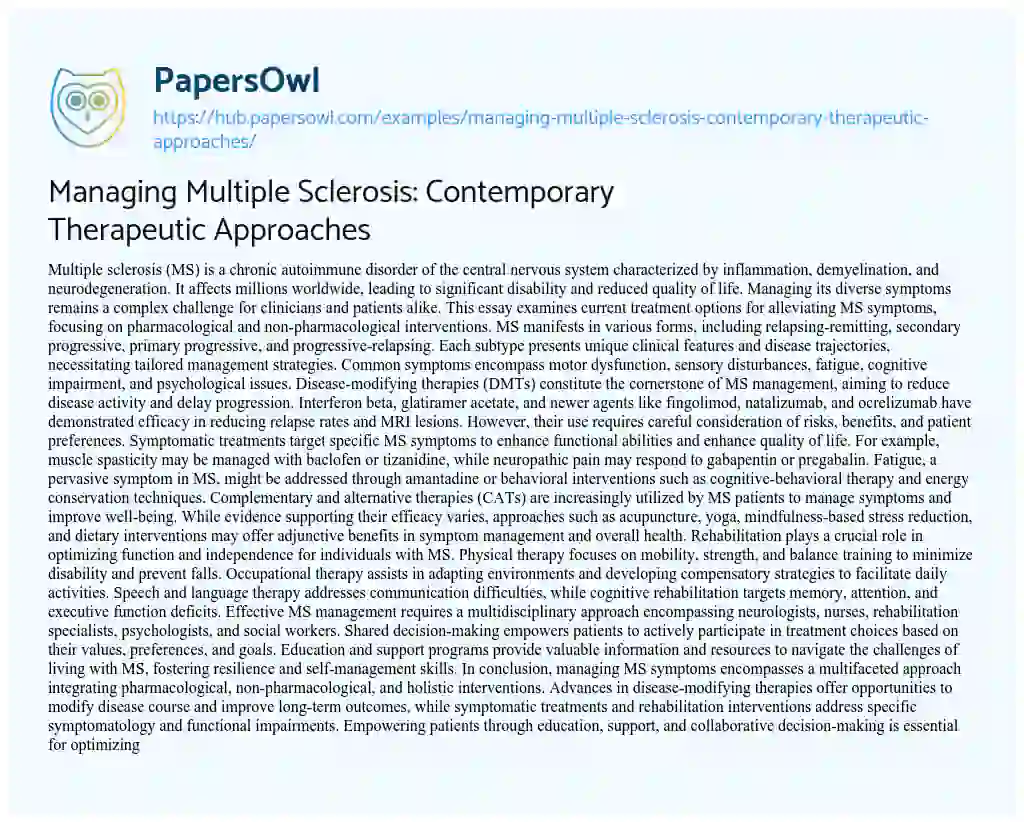 Essay on Managing Multiple Sclerosis: Contemporary Therapeutic Approaches