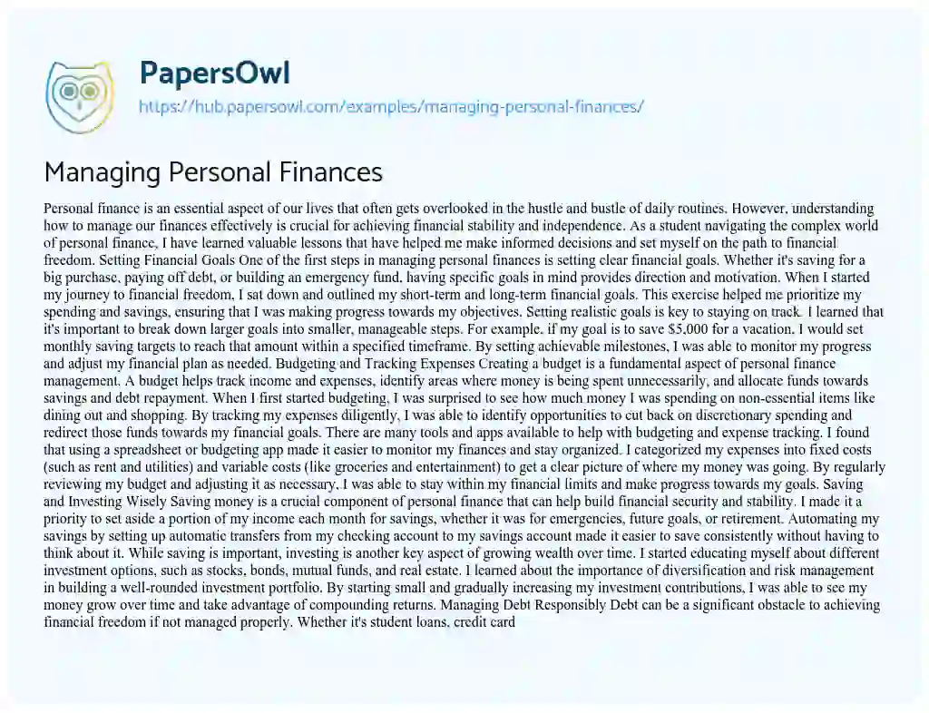 Essay on Managing Personal Finances
