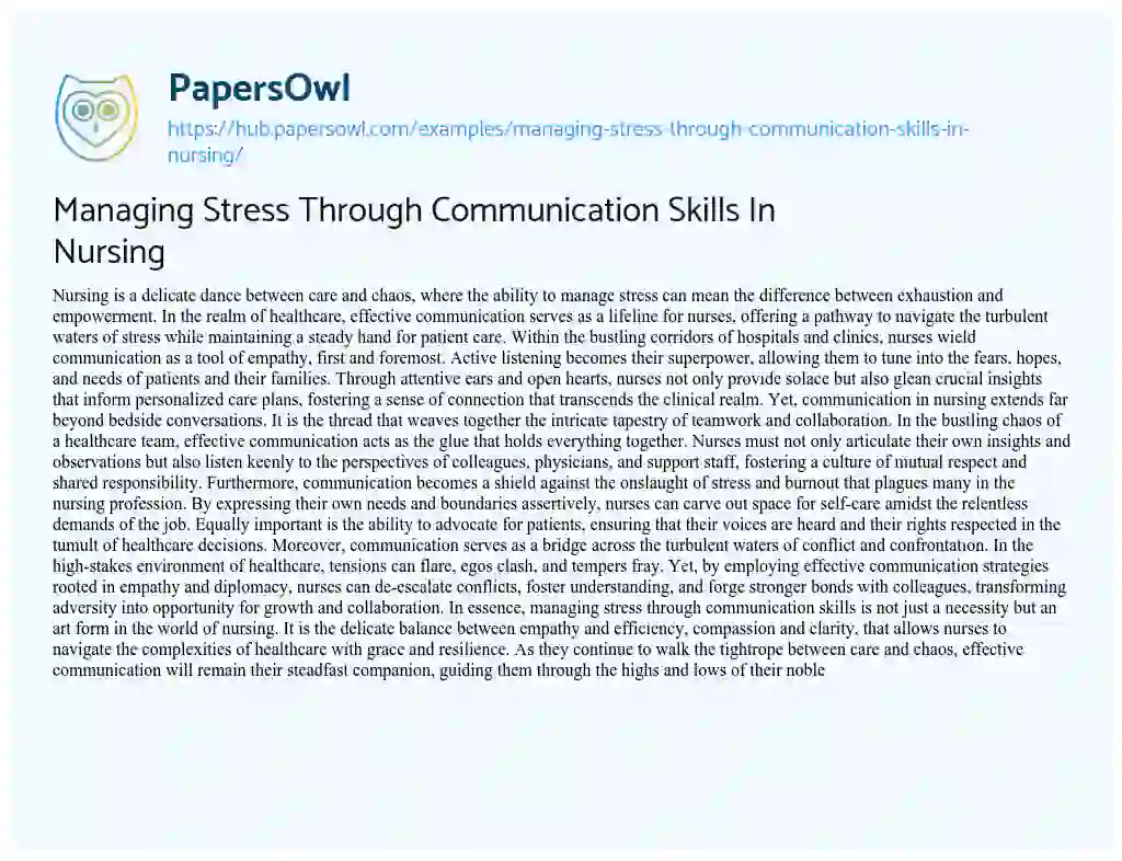 Essay on Managing Stress Through Communication Skills In Nursing