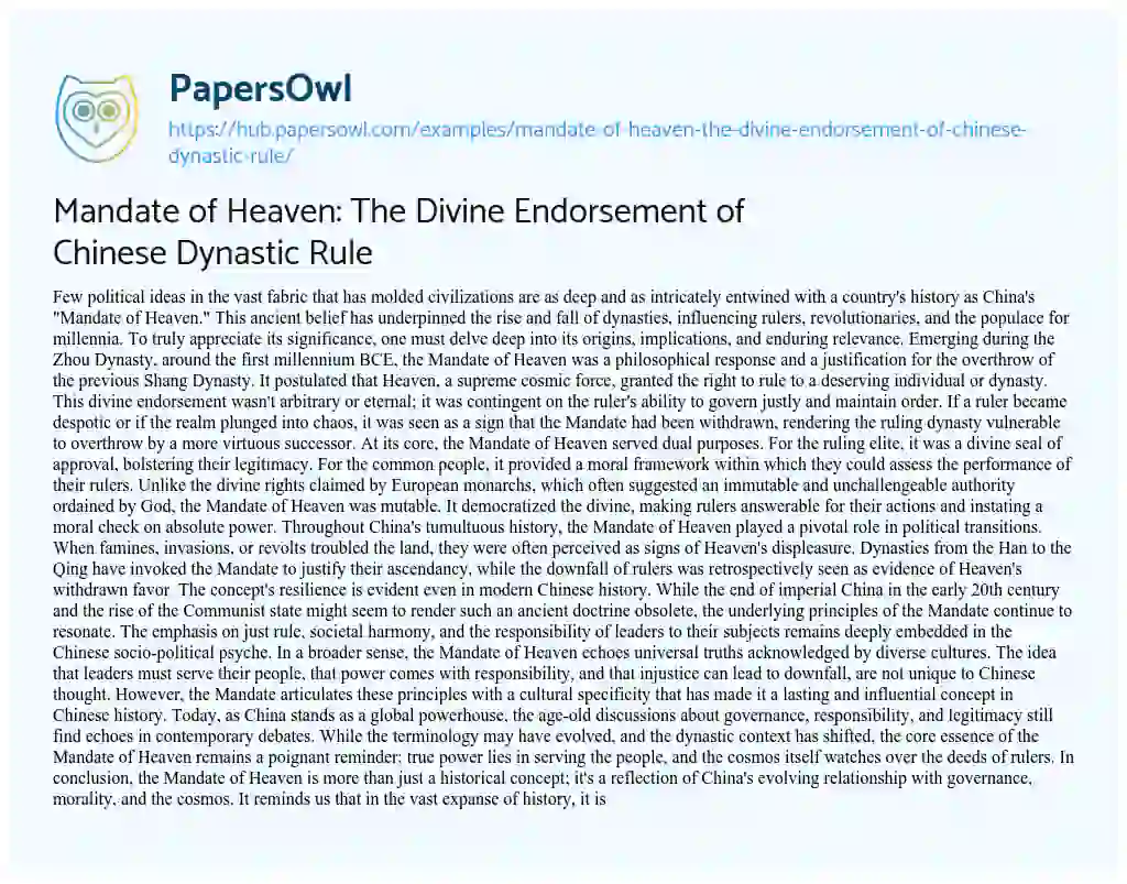Essay on Mandate of Heaven: The Divine Endorsement of Chinese Dynastic Rule