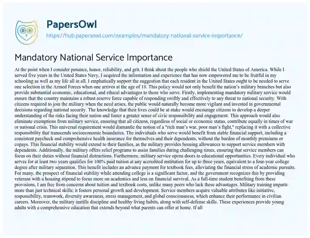 Essay on Mandatory National Service Importance