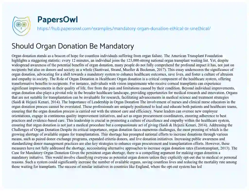 Essay on Should Organ Donation Be Mandatory