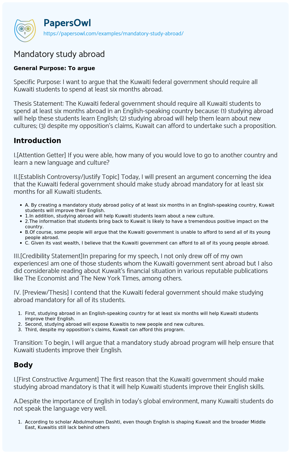 Essay on Mandatory study abroad