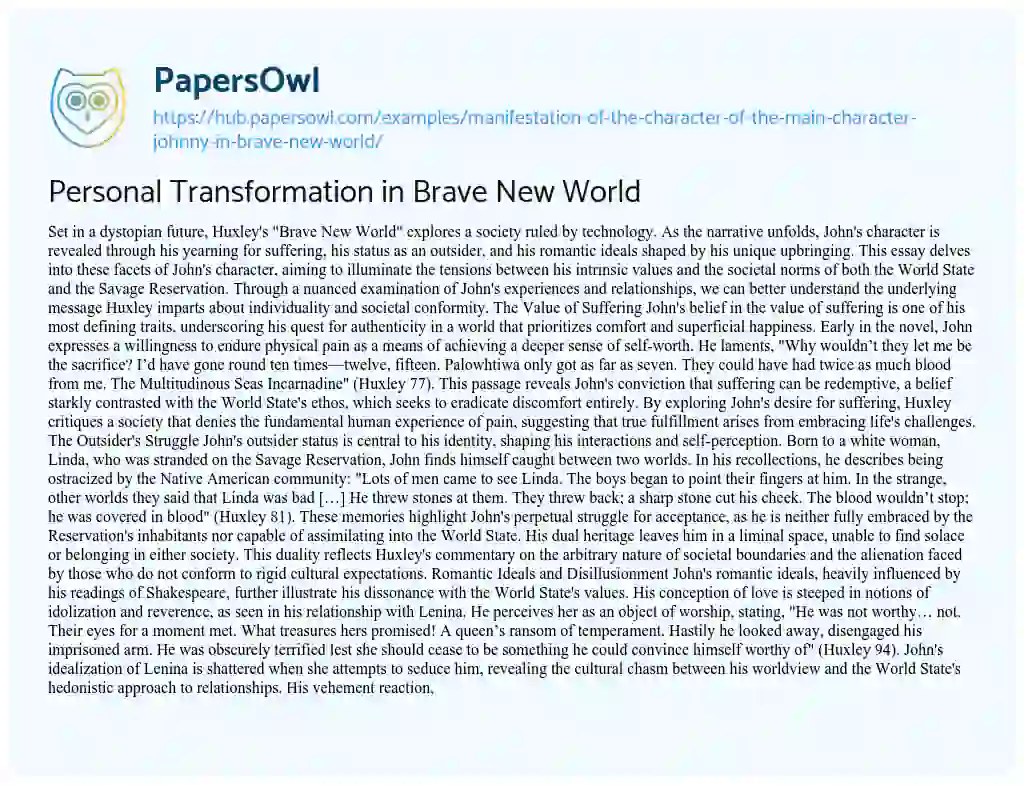 Essay on Personal Transformation in Brave New World