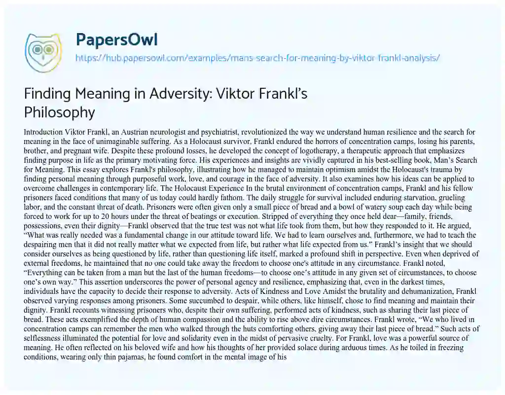 Essay on Finding Meaning in Adversity: Viktor Frankl’s Philosophy