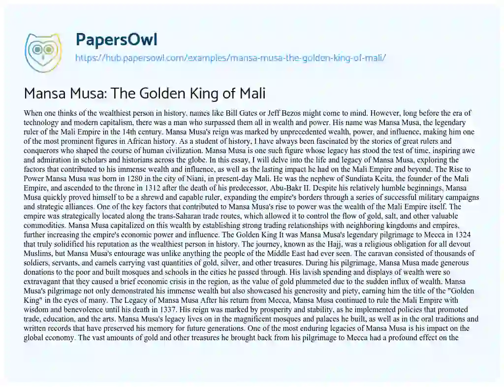 Essay on Mansa Musa: The Golden King of Mali