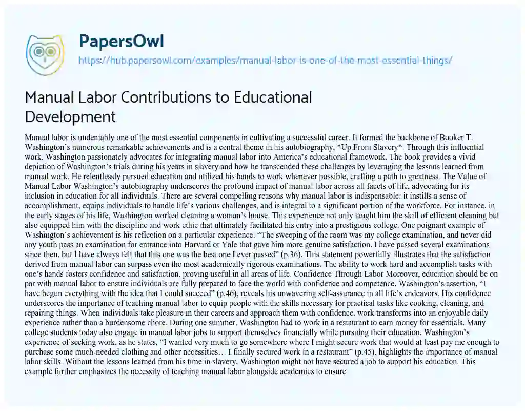 Essay on Manual Labor Contributions to Educational Development