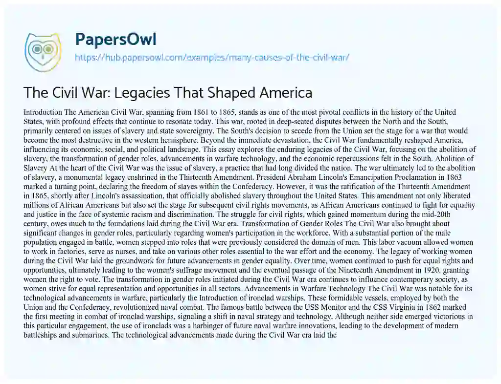 Essay on The Civil War: Legacies That Shaped America