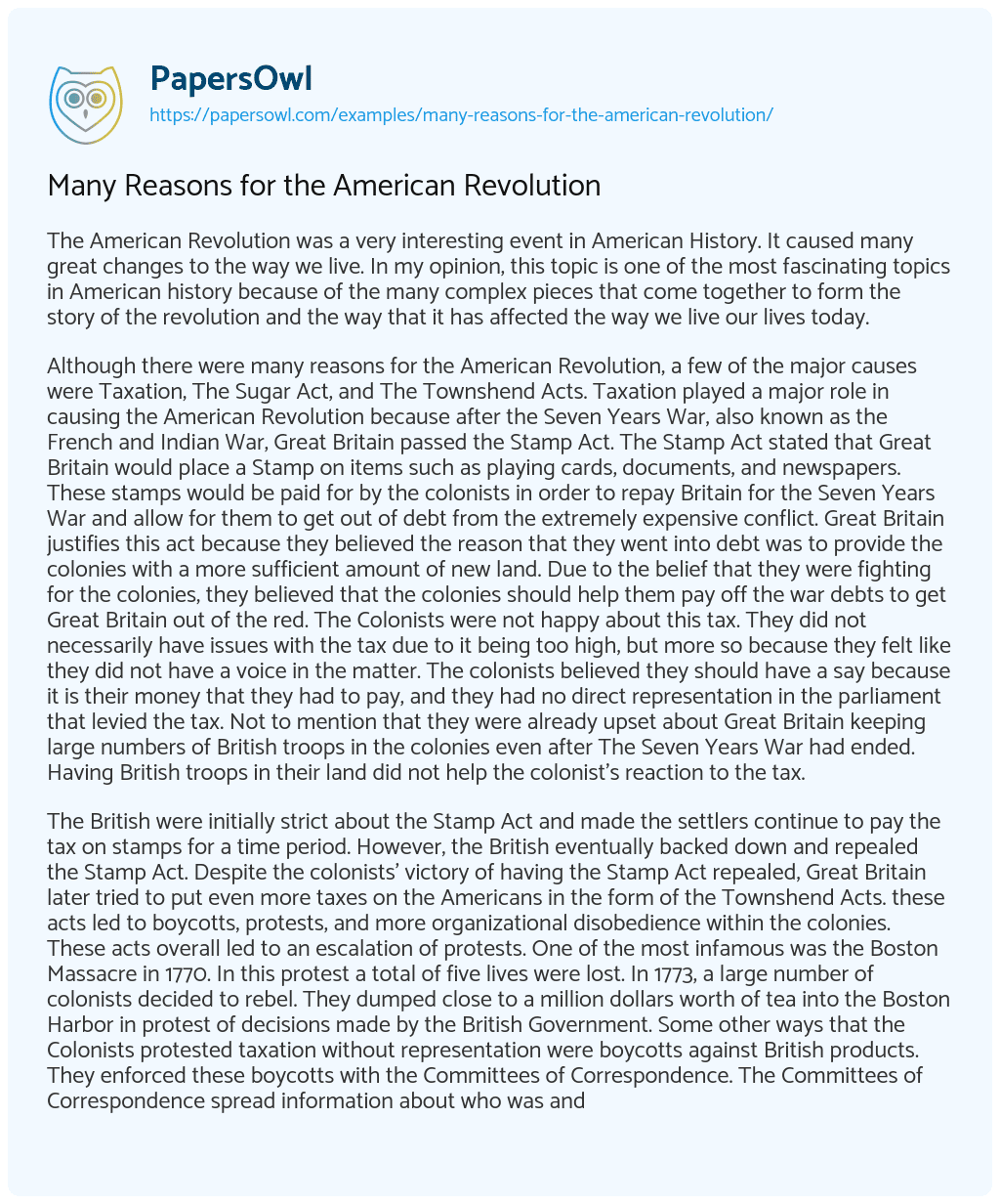 Essay on Many Reasons for the American Revolution