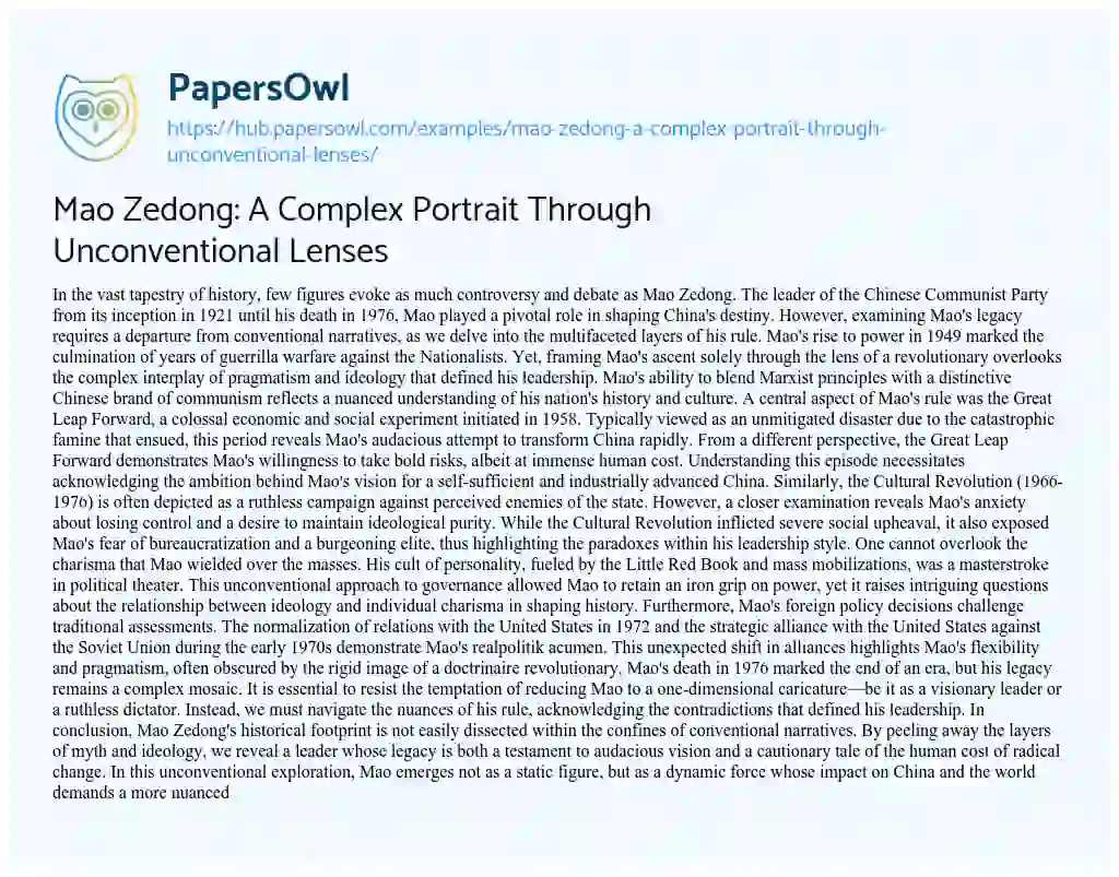 Essay on Mao Zedong: A Complex Portrait Through Unconventional Lenses