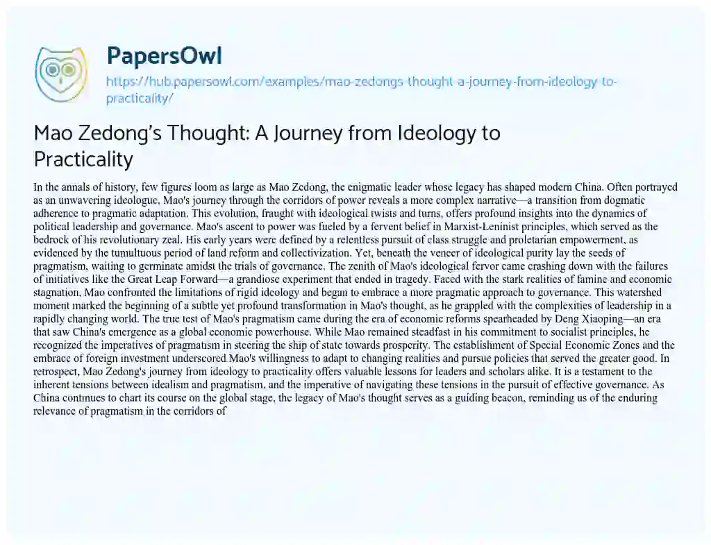 Essay on Mao Zedong’s Thought: A Journey from Ideology to Practicality