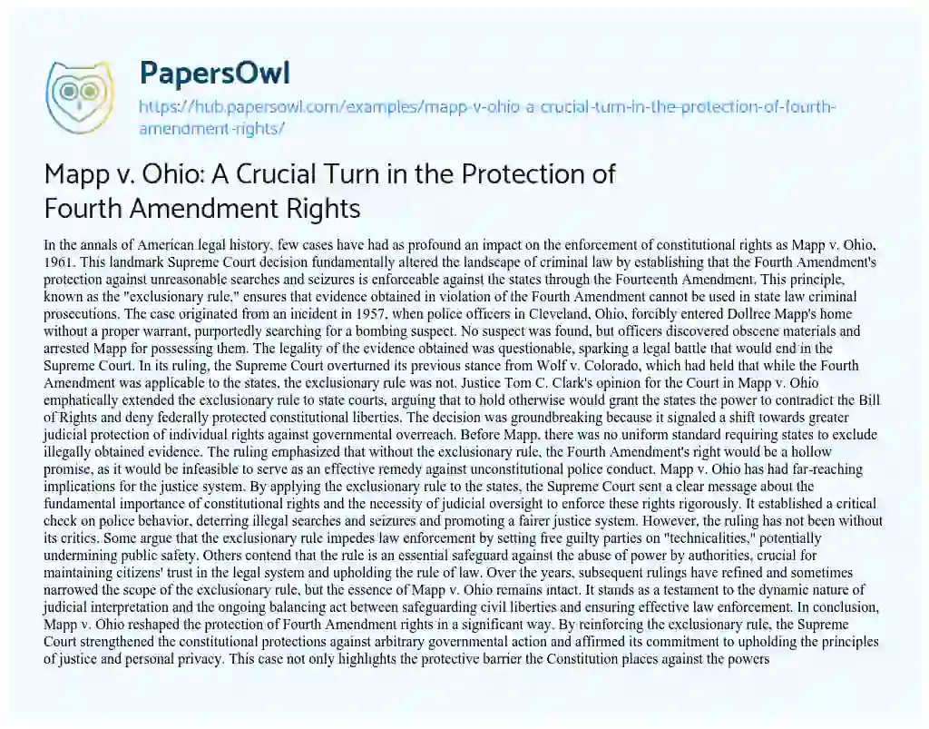 Essay on Mapp v. Ohio: A Crucial Turn in the Protection of Fourth Amendment Rights