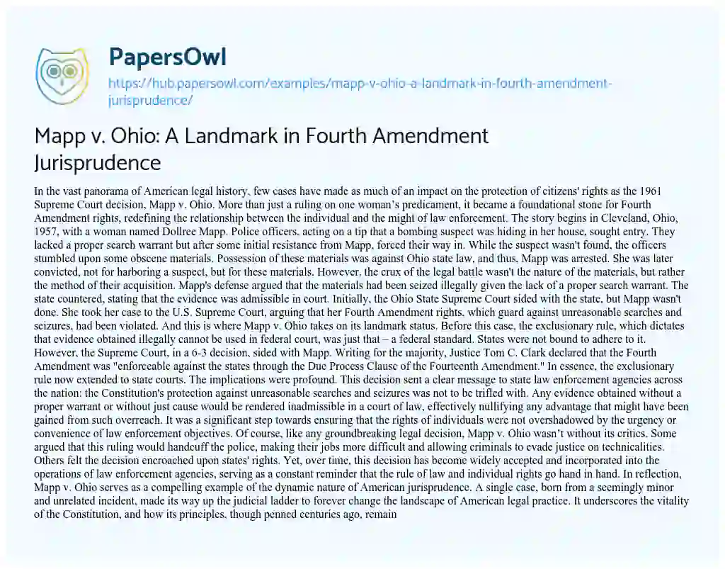 Essay on Mapp v. Ohio: A Landmark in Fourth Amendment Jurisprudence