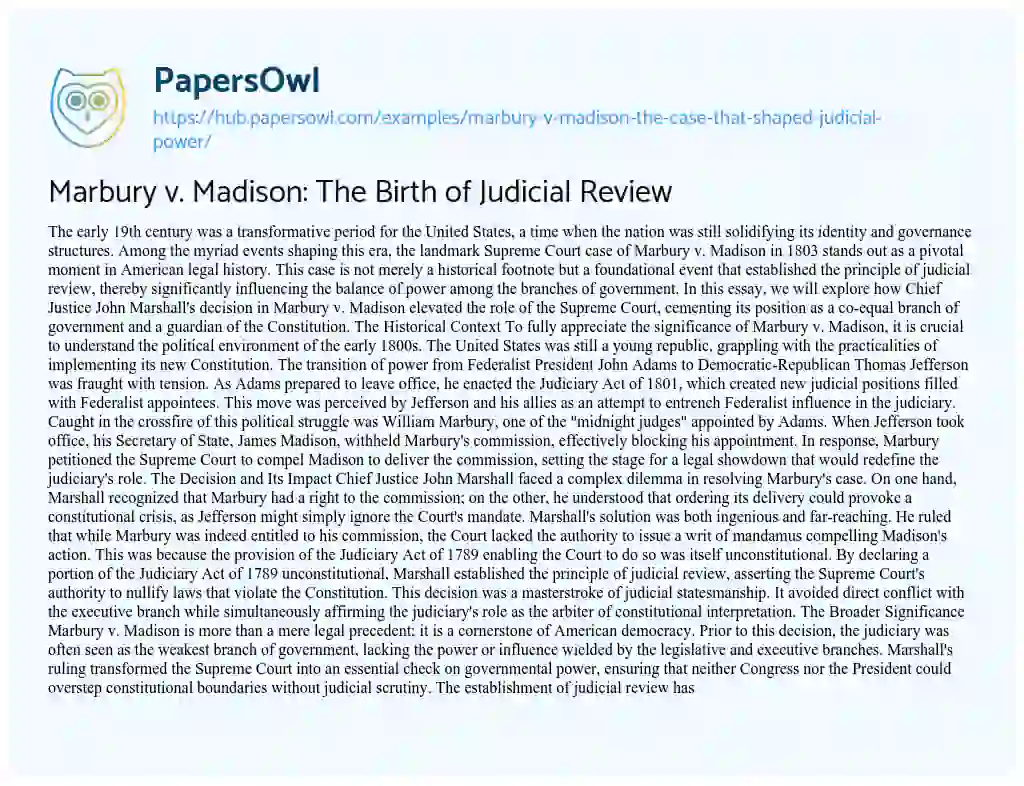 Essay on Marbury v. Madison: The Birth of Judicial Review