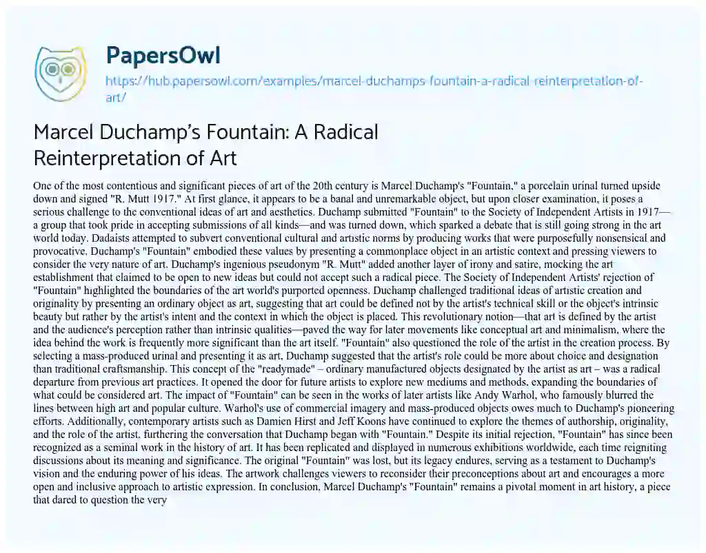 Essay on Marcel Duchamp’s Fountain: A Radical Reinterpretation of Art