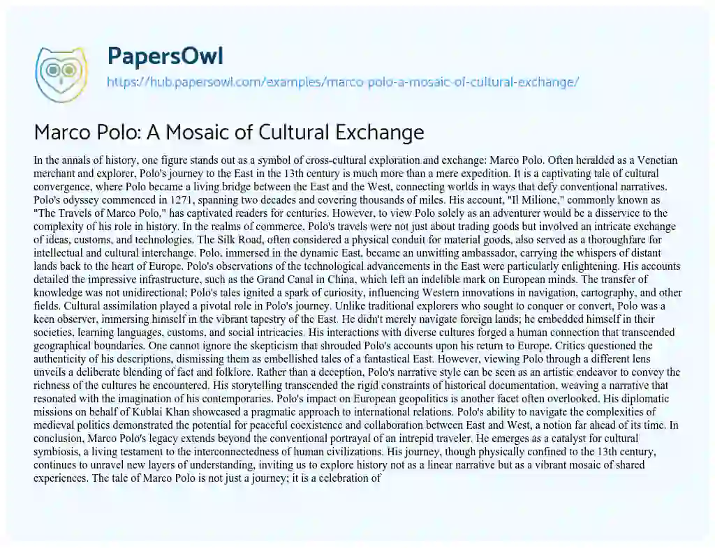 Essay on Marco Polo: A Mosaic of Cultural Exchange